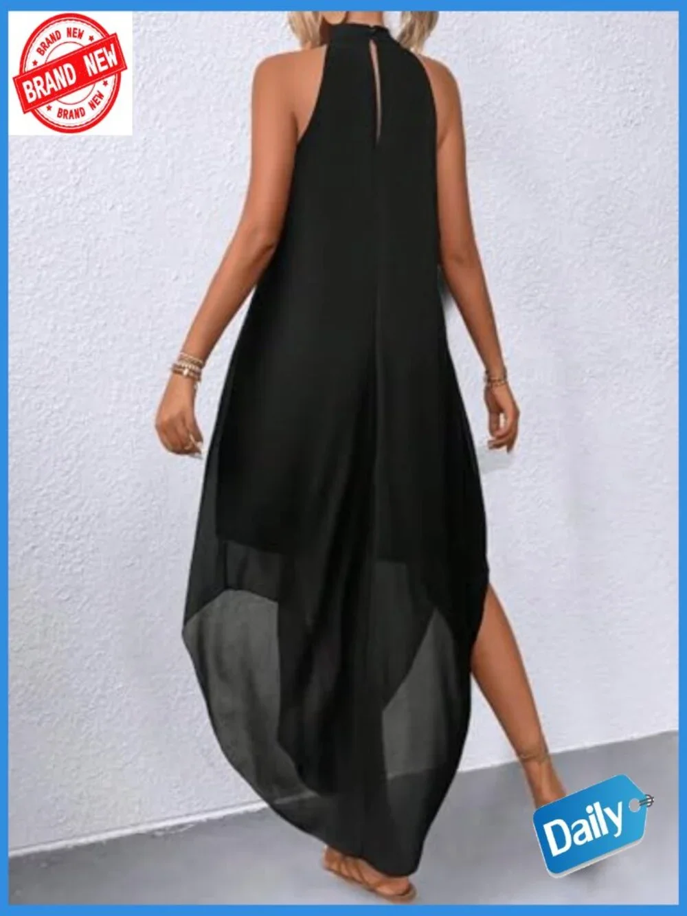Women's Halter Flowy Chiffon Asymmetrical Maxi Dress